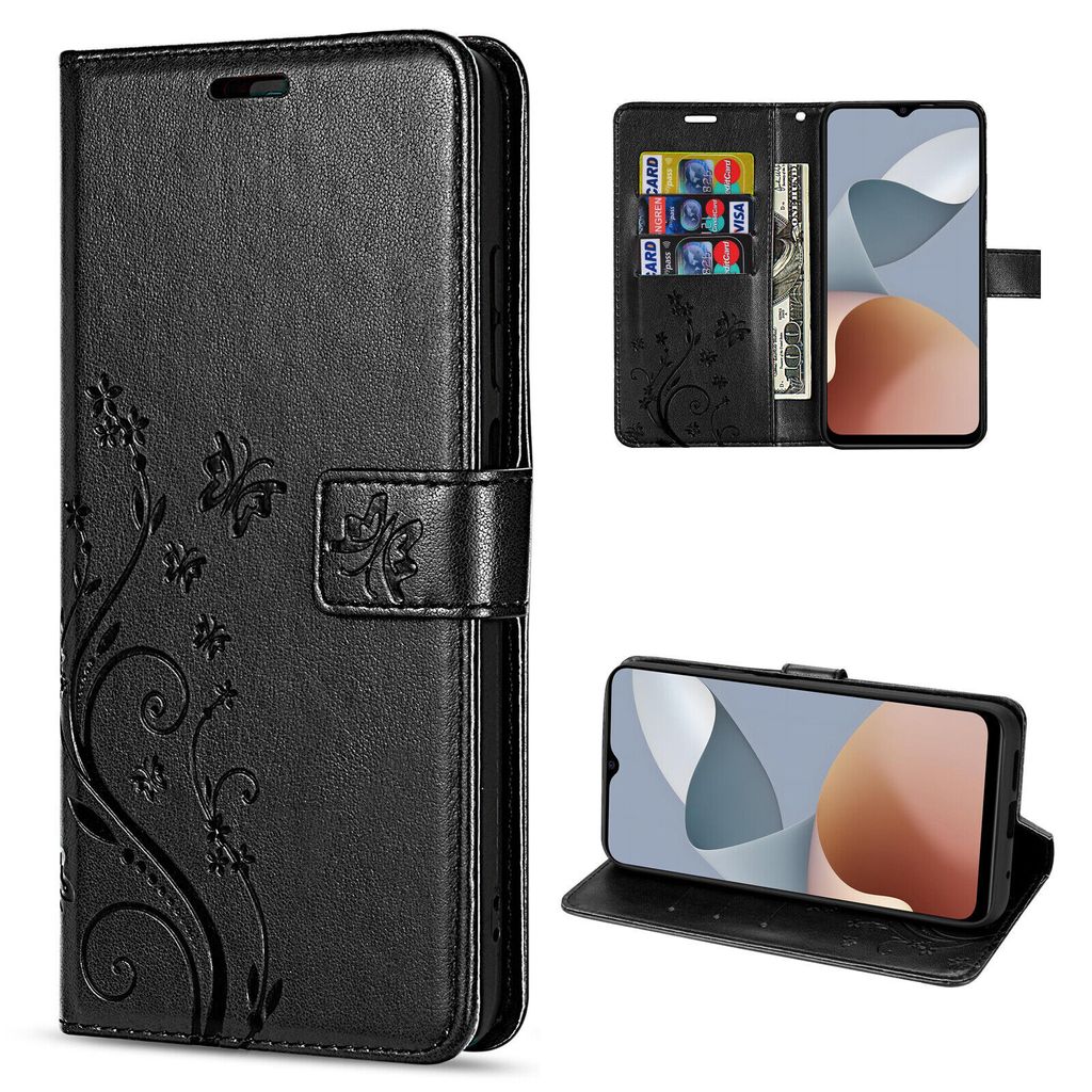 A collage of images showing a black flip phone case with a floral design, a phone inside the case, and the case open to show card slots.