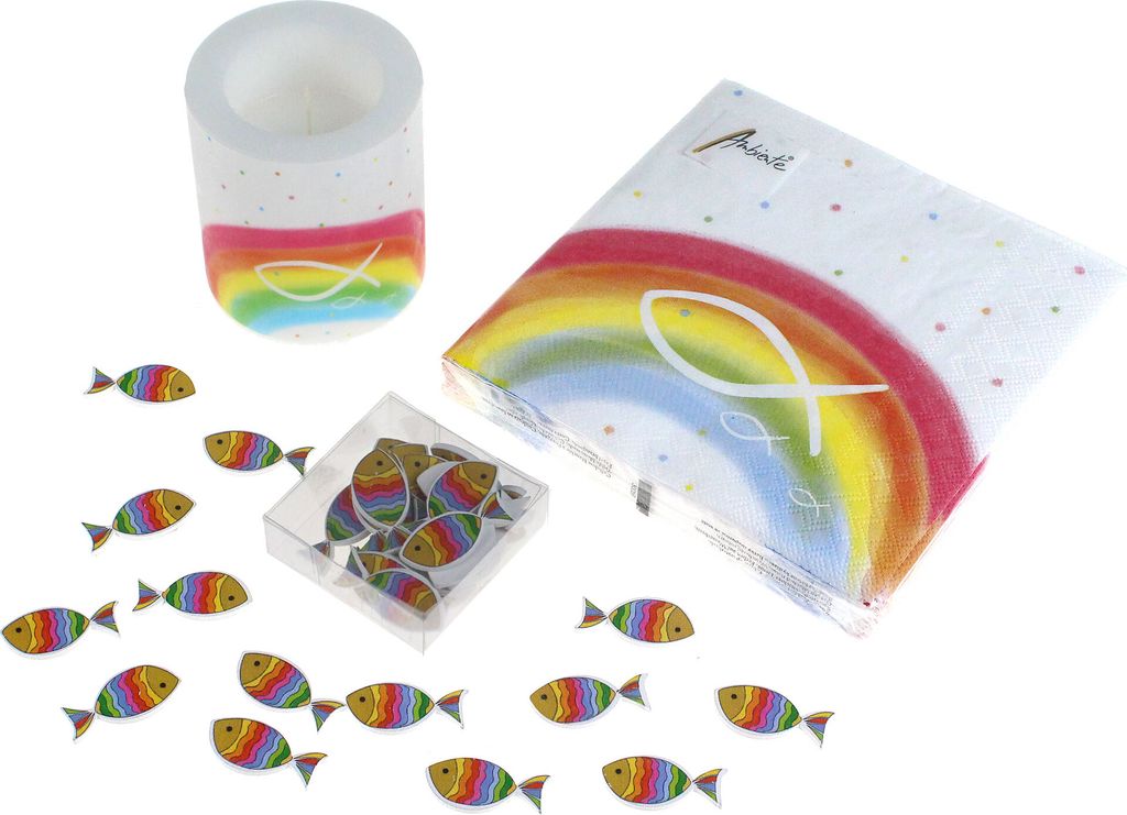 Tischdeko Kommunion Konfirmation Regenbogen Rainbow Kerze Servietten Religion Fest, Ausf:Set Kerze/Servietten/Fische