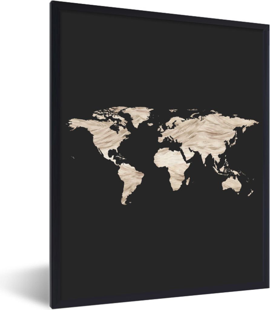 MuchoWow Gerahmtes Poster Weltkarte - Beige - Schwarz 30x40 cm - Poster mit Schwarzem Bilderrahmen Wandposter Rahmen Foto Bilder - Wanddeko - Kun...
