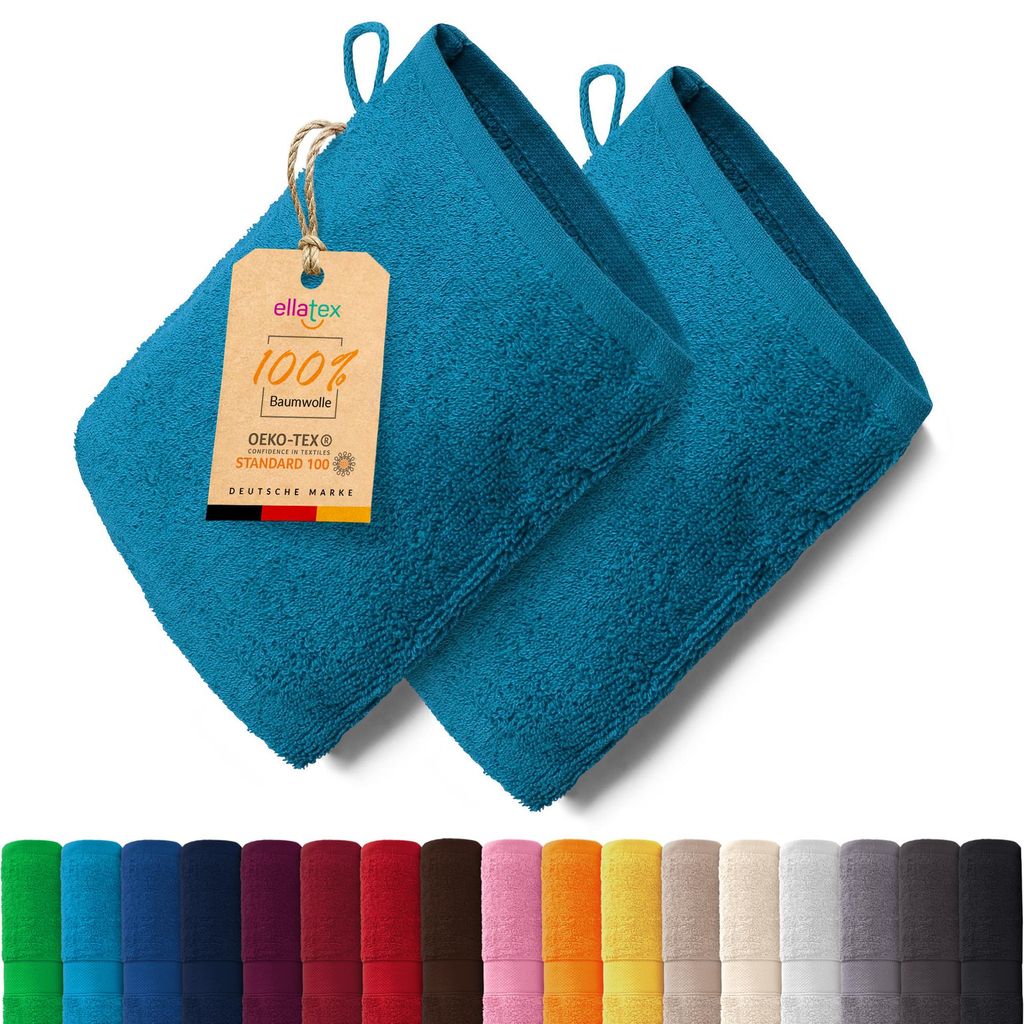 EllaTex PARIS 2er Set Waschhandschuhe 15x21 cm – 100% Baumwolle, 500 g/m² Frottier, in Farbe: Aquamarin