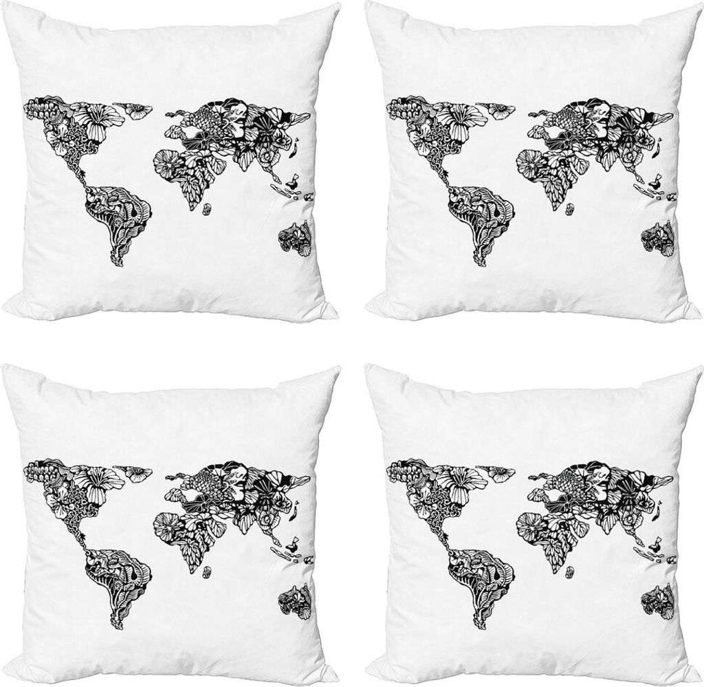 ABAKUHAUS Floral Weltkarte Kissenbezug Set (4 Stück), Weltkarte Charm, Moderner Doppelseitiger Digitaldruck, 45 cm x 45 cm, Schwarz-Weiss