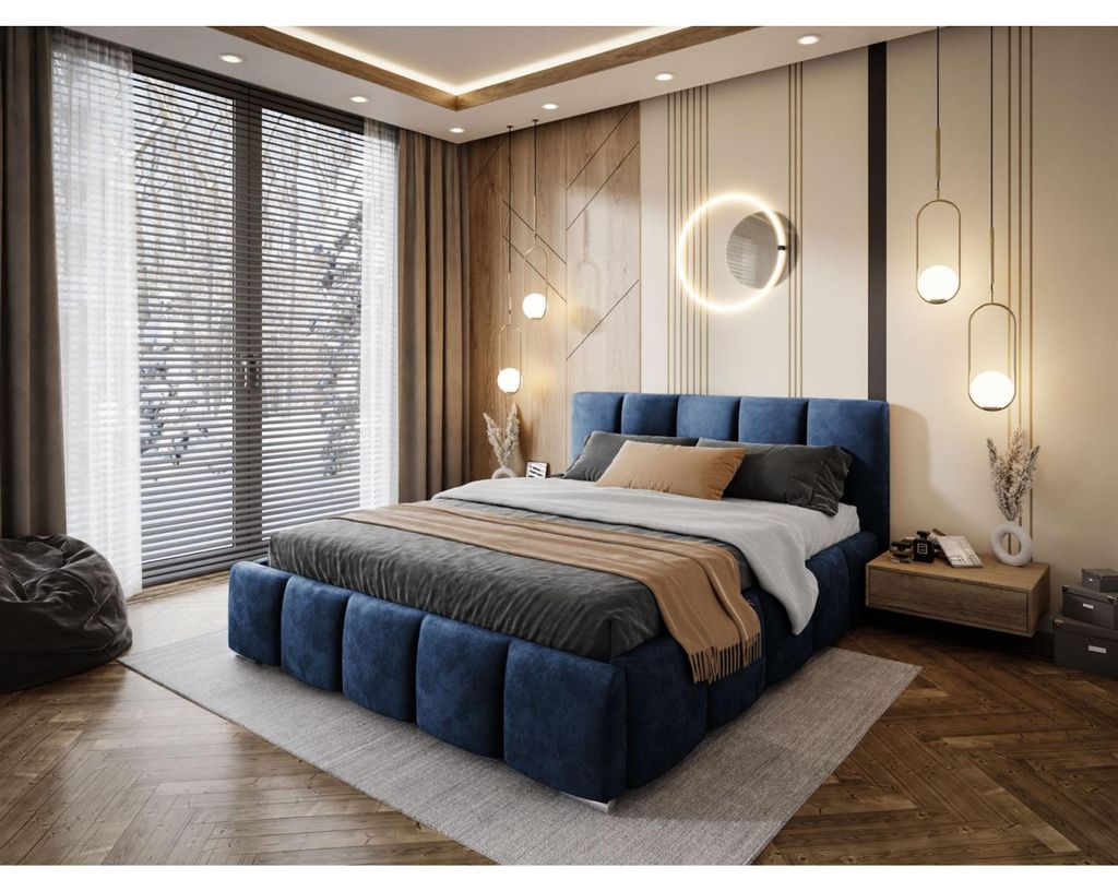 Bett mit Bettkasten fürs Schlafzimmer SORELLE Polsterbett 140 cm im Velours Bett mit gepolstertem Kopfteil, Größe: 140x200 cm, Farbe: Dunkelblau...
