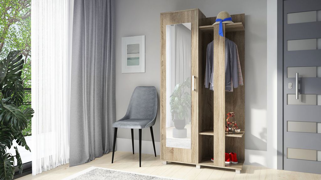 Garderobenset KARO, Garderobenpaneel, Kompaktgarderobe, Flurmöbel, mit Spiegel, Farbe: Trüfel Eiche, Seite: links