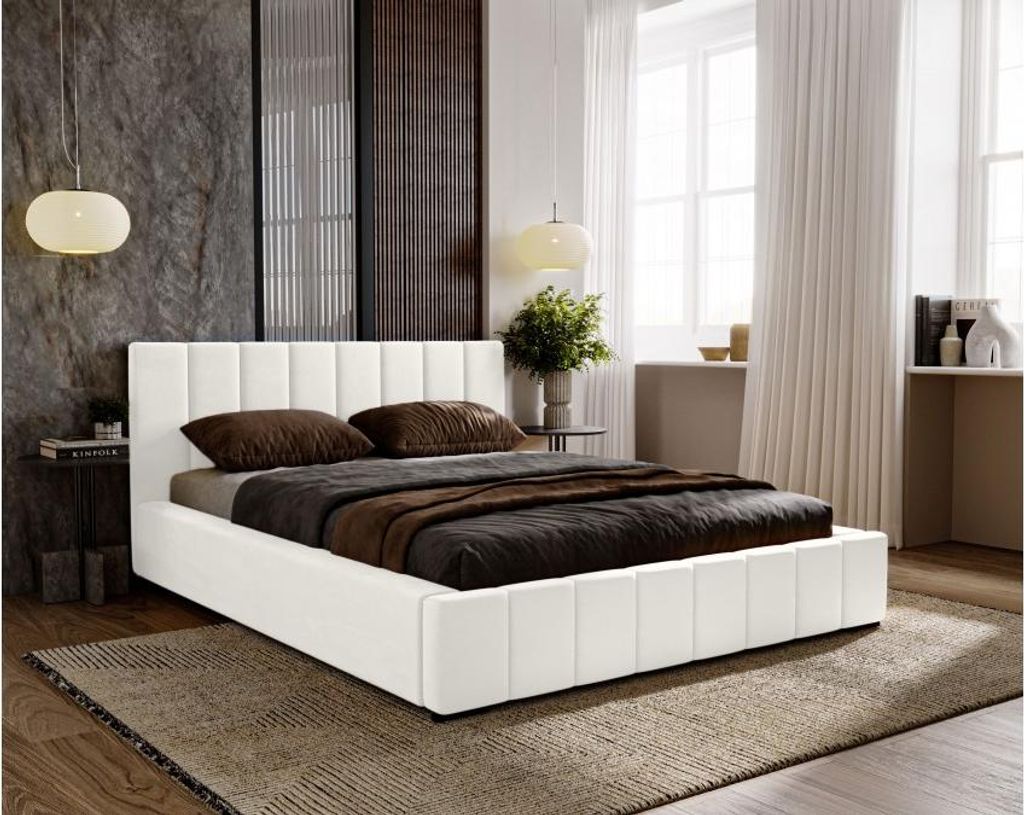 Polsterbett 140x200 für das Schlafzimmer DIANA mit Stauraum und Lattenrost, Kopfteil und gepolsterter Korpus, weiß ( Magic Velvet 2200 )