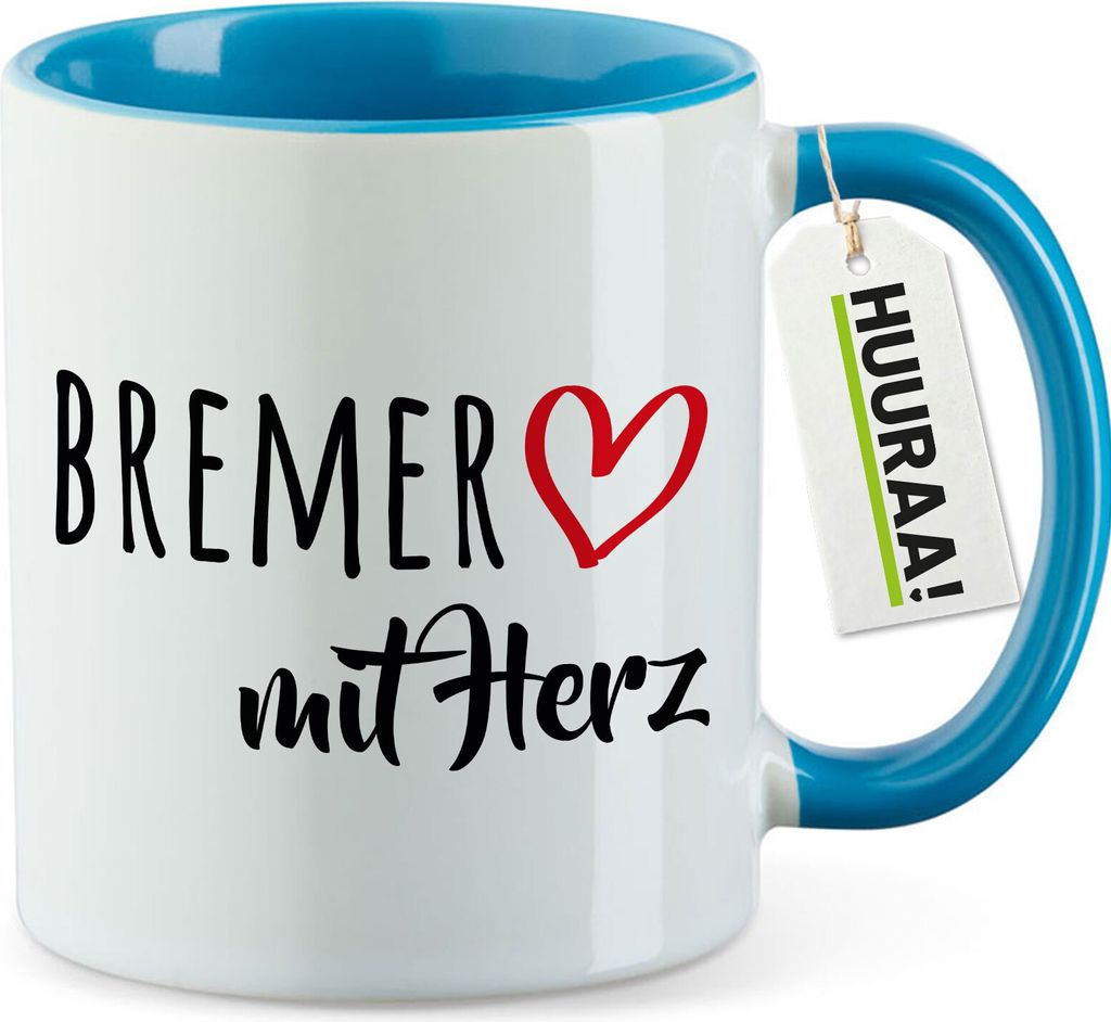 Huuraa Kaffeetasse Bremer mit Herz 330ml Blau Keramik Kaffeebecher Geschenkidee