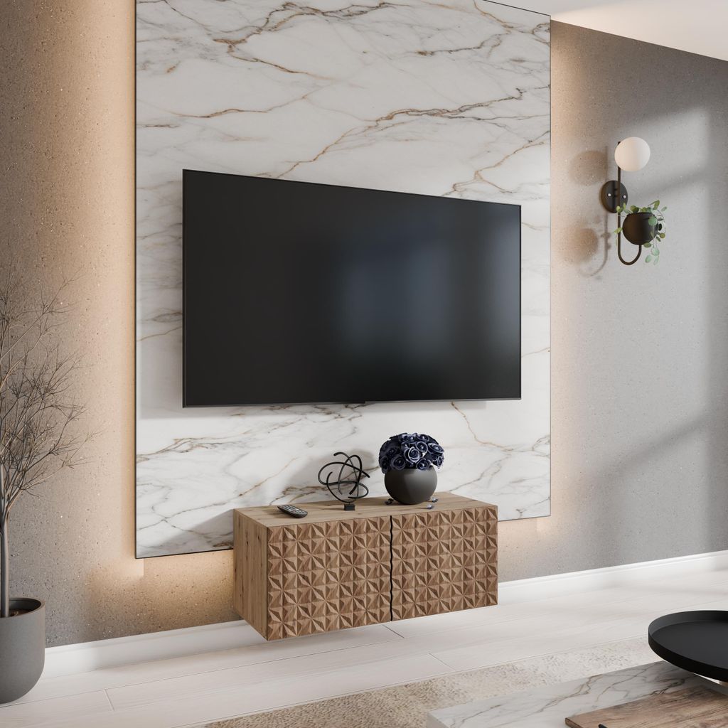 Moderner TV-Schrank 100 cm fürs Wohnzimmer CARO, 2-türiger TV-Schrank ohne Füße, Modischer Schrank mit Frontmuster mit geschlossenen Fächern, ...