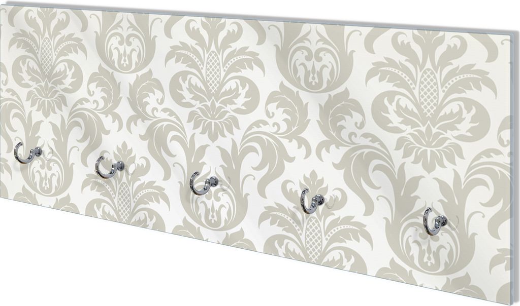 Wallario Flurgarderobe Wandgarderobe aus Glas, mit 5 Haken, Größe 80 x 30 cm, Motiv Königliche Schnörkelei in weiß und beige