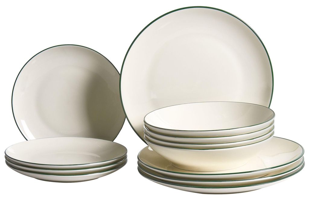 BELIANI Geschirrset 12-teilig Cremeweiß Porzellan Grüner Rand für 4 Personen Speiseteller Dessertteller Suppenteller Tafelservice Küche Esszimmer