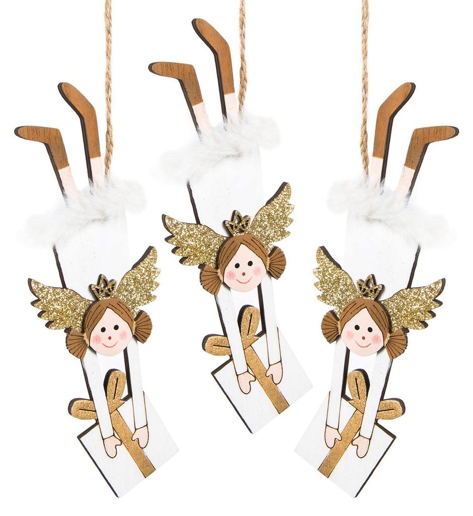 3 Engelanhänger - fliegendes Christkind mit Geschenk - weiß Gold rot glitzernd