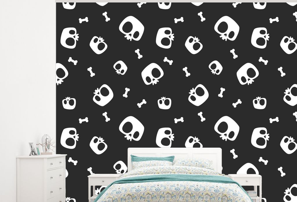 MuchoWow Fototapete für Wohnzimmer oder Schlafzimmer Wandtapete Vinyl Motivtapete Muster - Schädel - Skelett - Knochen - Junge - Kinder - Kinde...