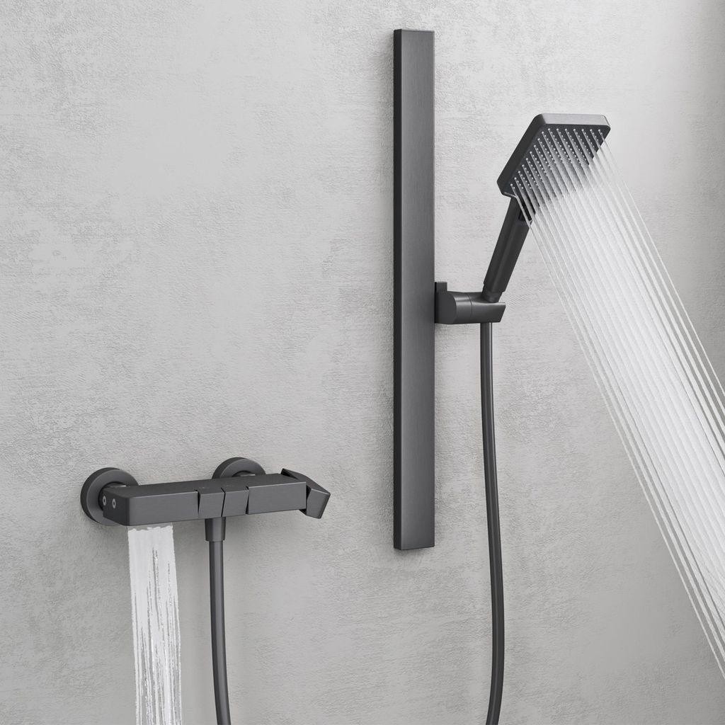 Mai & Mai Duschsystem mit Regendusche Duschkopf 3 Strahlarten höhenverstellbar Duschbrause mit Unterauslauf aus Aluminium Grau Duschsystem10