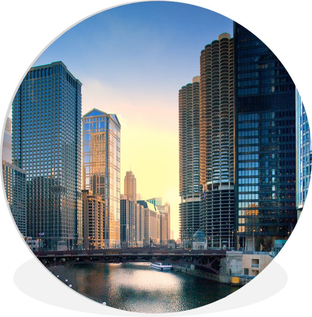 MuchoWow Rundes Wandbild - Runde Bilder Chicago - Sonnenuntergang - Architektur Ø 60 cm Kreis Wanddekoration Kunststoff - Wandkreis - Wandschmuc...