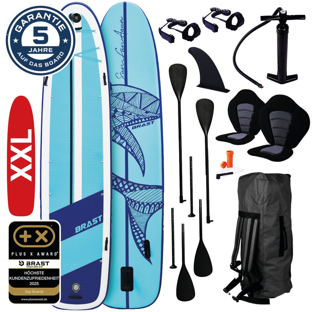 BRAST SUP Board Family | Aufblasbares Stand up Paddle Set XXL | 370x87x15cm bis 250kg | 7 Designs | inkl. Zubehör 2X Kajak-Sitz 2X Fußschlaufe 2X...