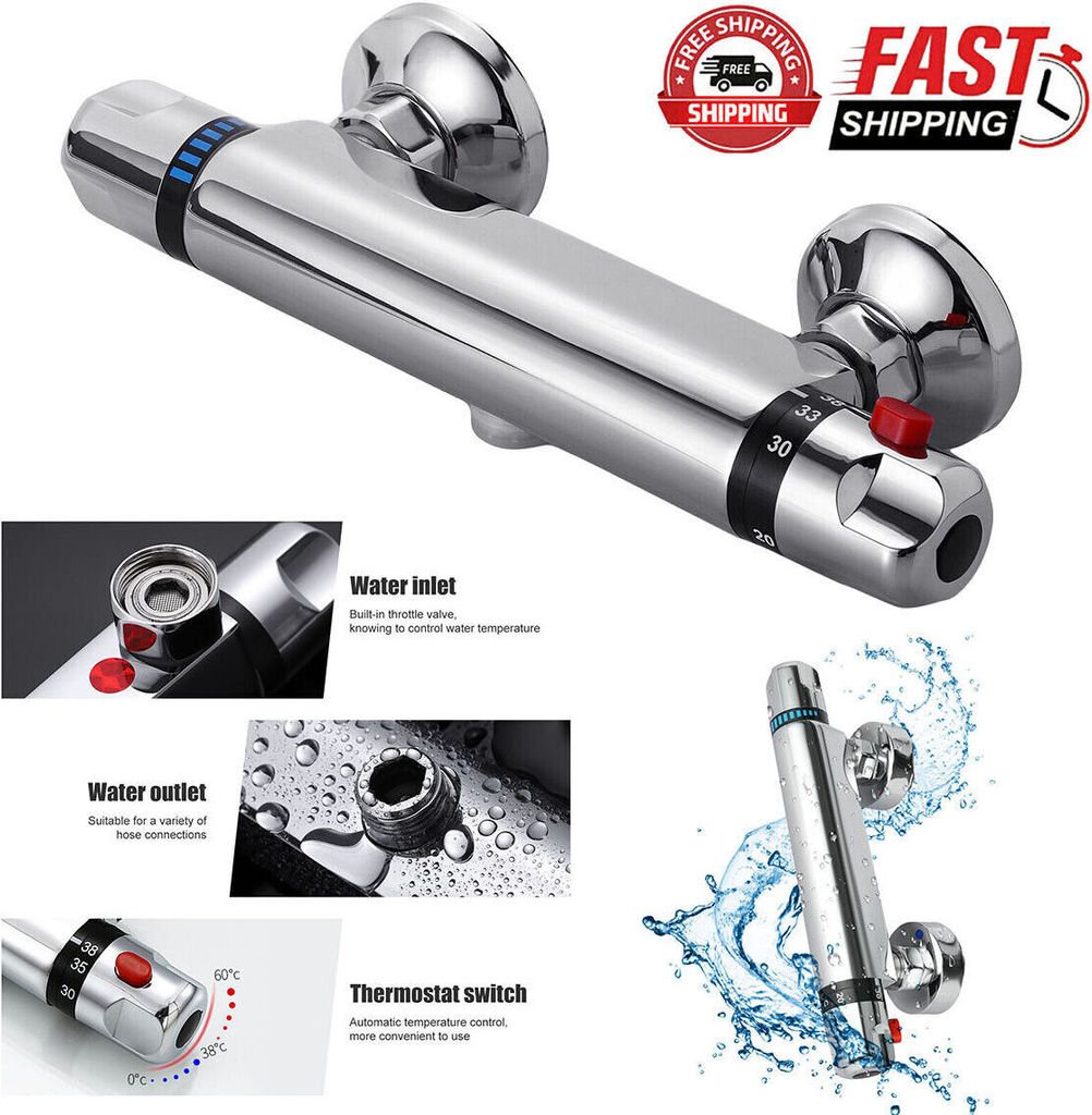 A collage of images showing a chrome shower thermostat and its features, with promotional text and graphics.