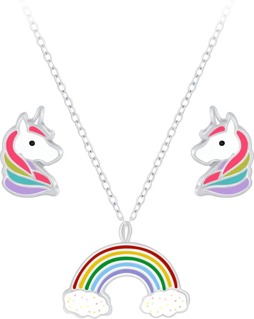 Collier Licorne Argent Massif et Boucles d'Oreilles aux Reflets Irisés Doux
