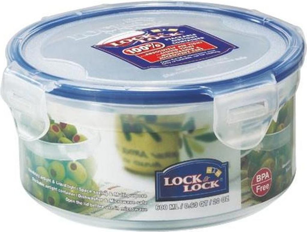 A round Lock & Lock food storage container with a blue lid and clear body, shown from a slightly elevated angle.