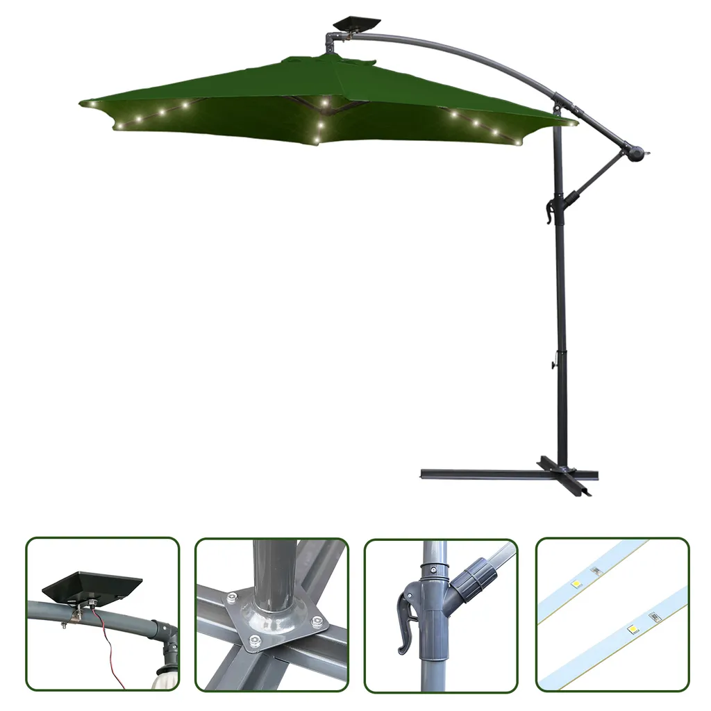 TolleTour Ombrellone con illuminazione a LED Ombrellone a braccio laterale 300 cm - Protezione solare, ombrellone da giardino - Verde - 4