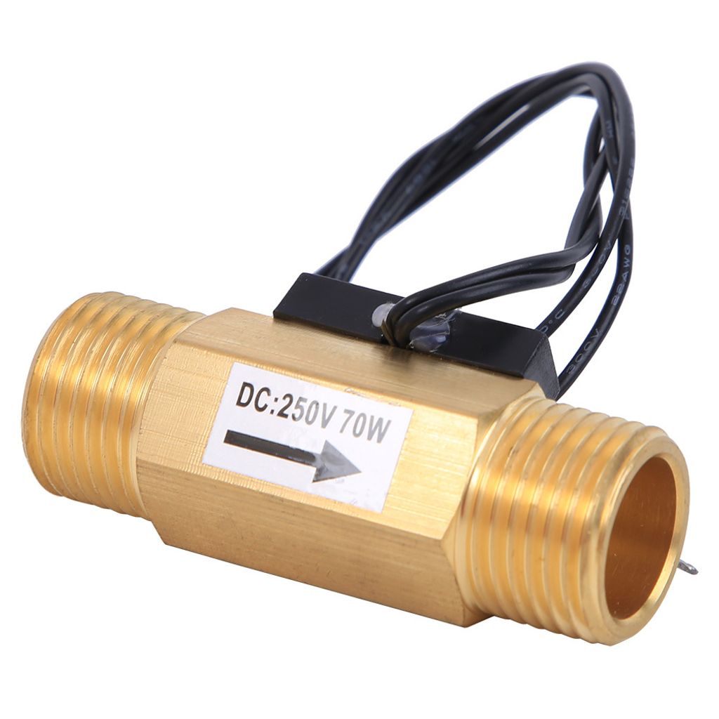 A brass flow meter with wires attached, shown against a white background.