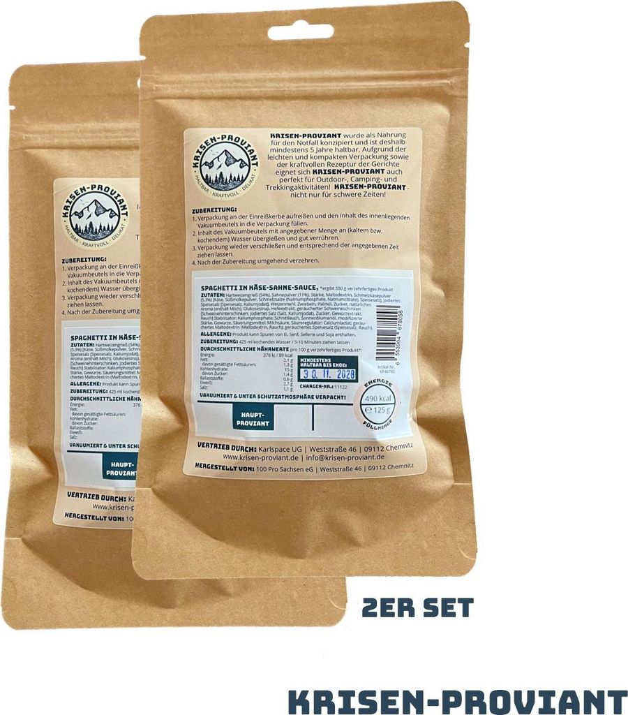 Krisen-Proviant - 2er-Set Spaghetti in Käse-Sahne-Sauce, Notration 5 J. haltbar