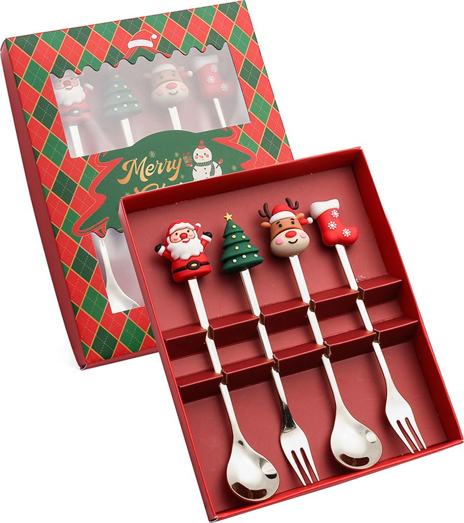 Weihnachtslöffel-Besteckset aus Edelstahl, Weihnachtsgabeln, Dessert, Obst, Eis, Tee, Kuchengabeln, Puppengeschirr, Geschenkbox, Weihnachtsfeier-Z...