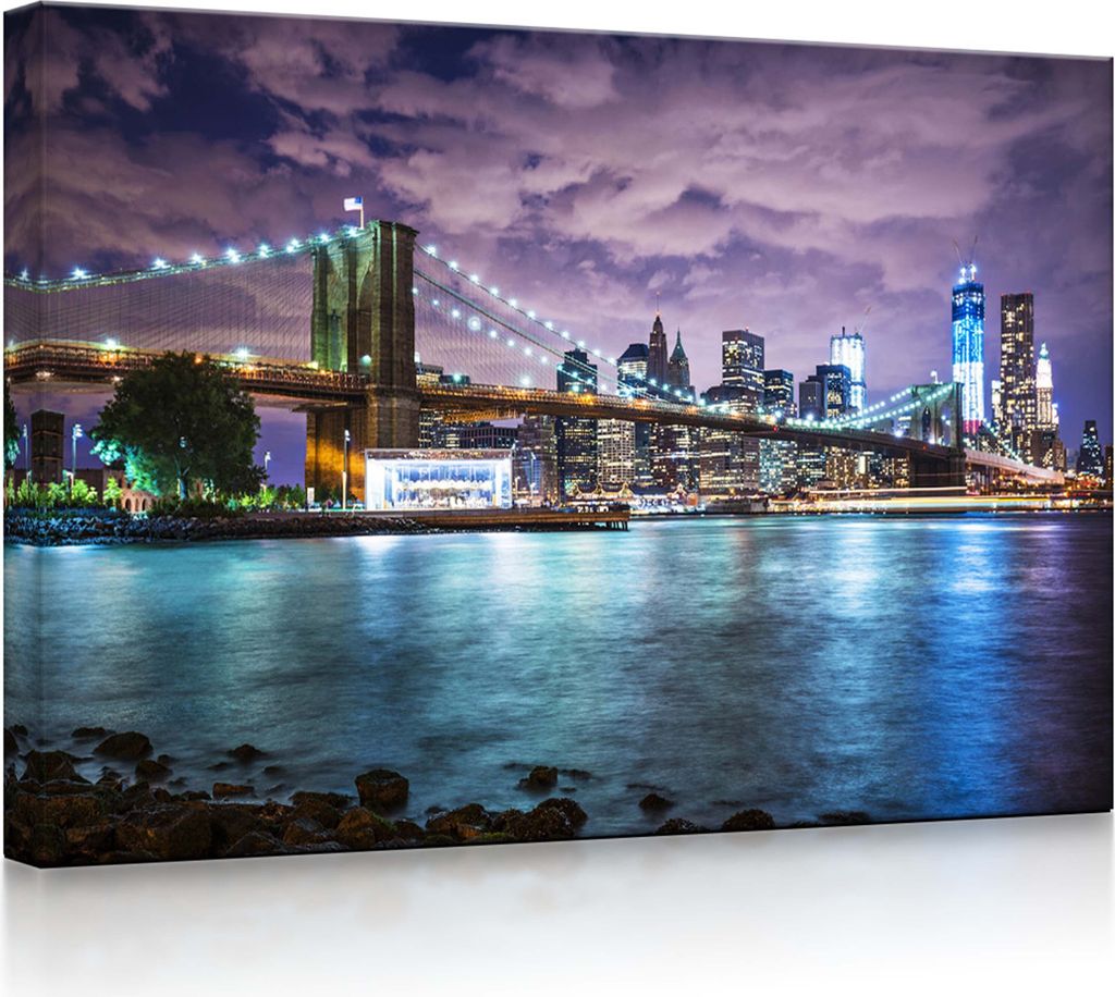 lightbox multicolor | Bild mit LED Hintergrundbeleuchtung | New York Skyline mit Brooklyn Bridge | 100x70 cm | fully lighted