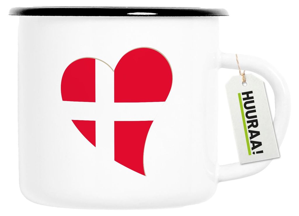 Huuraa Emaille Tasse Dänemark Flagge Herz 300ml Vintage Campingbecher Geschenkidee