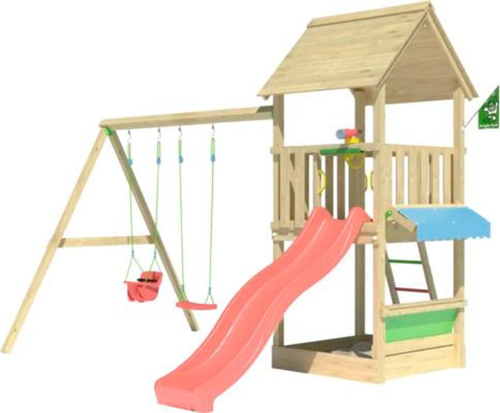 Doppelschaukel Spielhaus mit Stelzen Jungle Gym 383 x 347 cm Holz rot