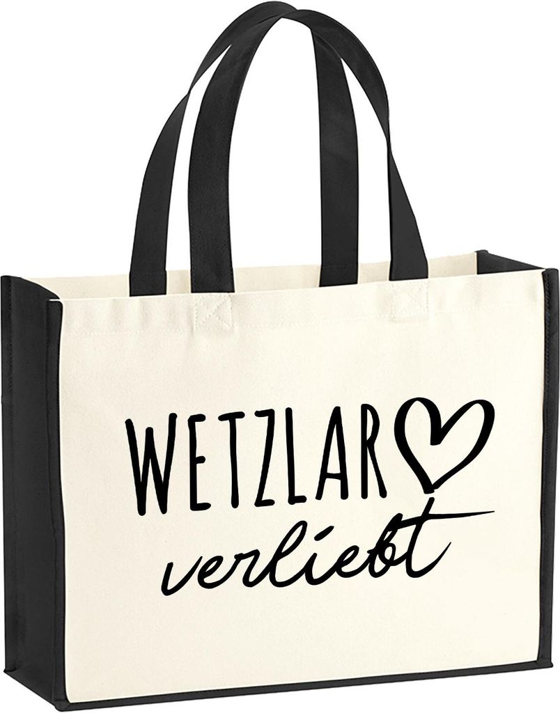 Huuraa Jutetasche Wetzlar verliebt 21 Liter Black Jute und Baumwolle Einkaufstasche Geschenkidee