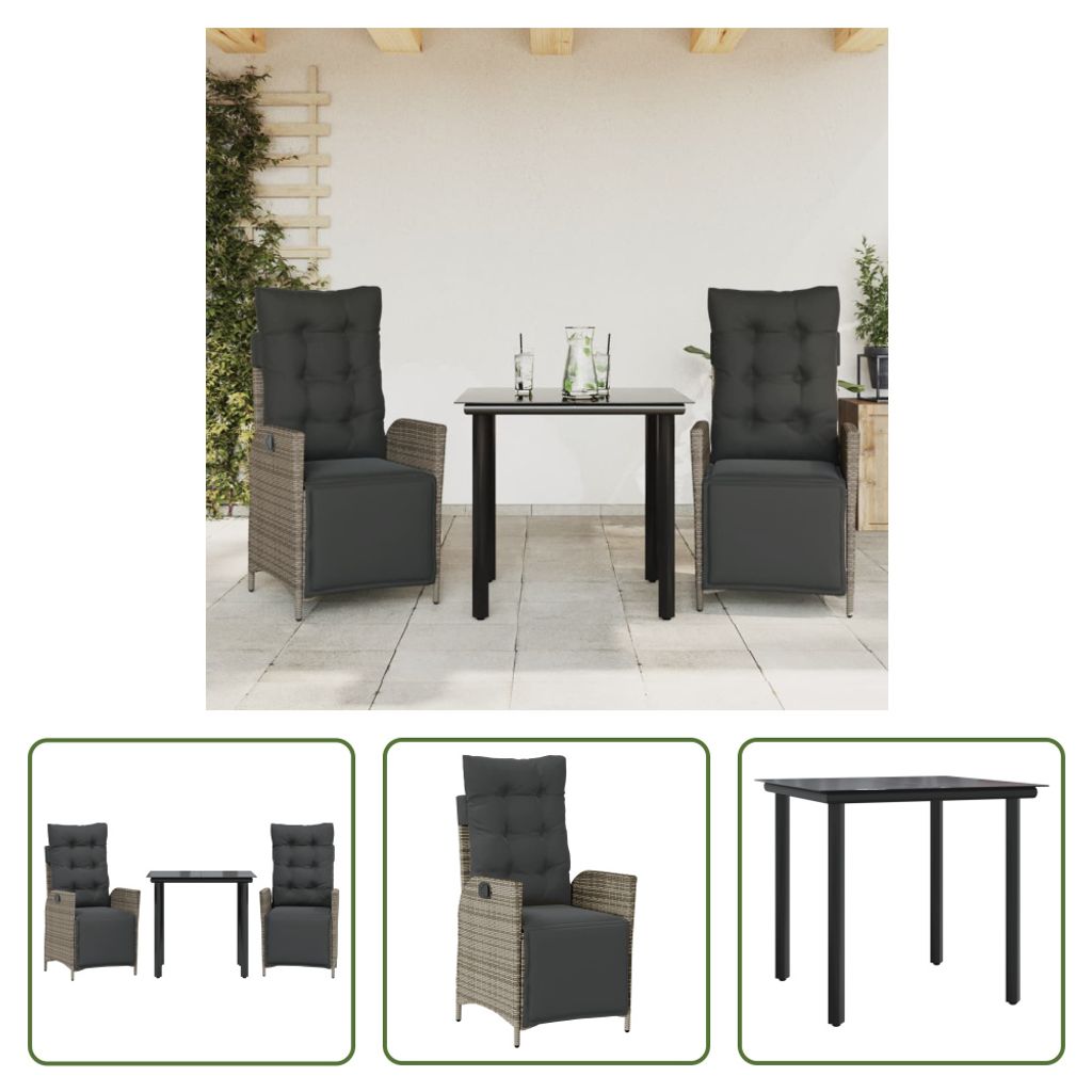 The Living Store 3-tlg. Garten-Essgruppe mit Kissen Grau Poly Rattan