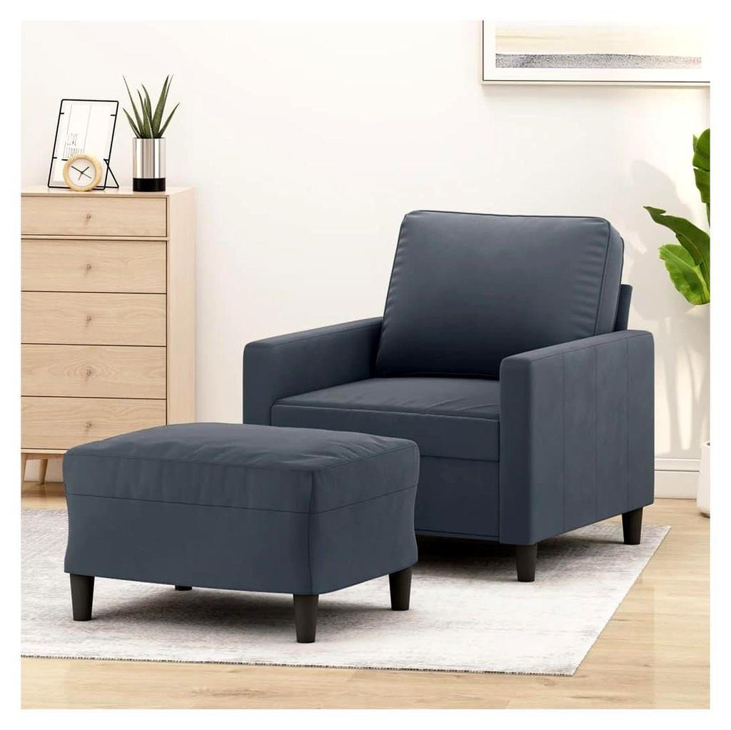 Sessel mit Fußhocker, Dunkelgrau, 60 cm Sitzbreite, Samt, Metallgestell, Bequem, Robust, für Wohnzimmer und Schlafzimmer