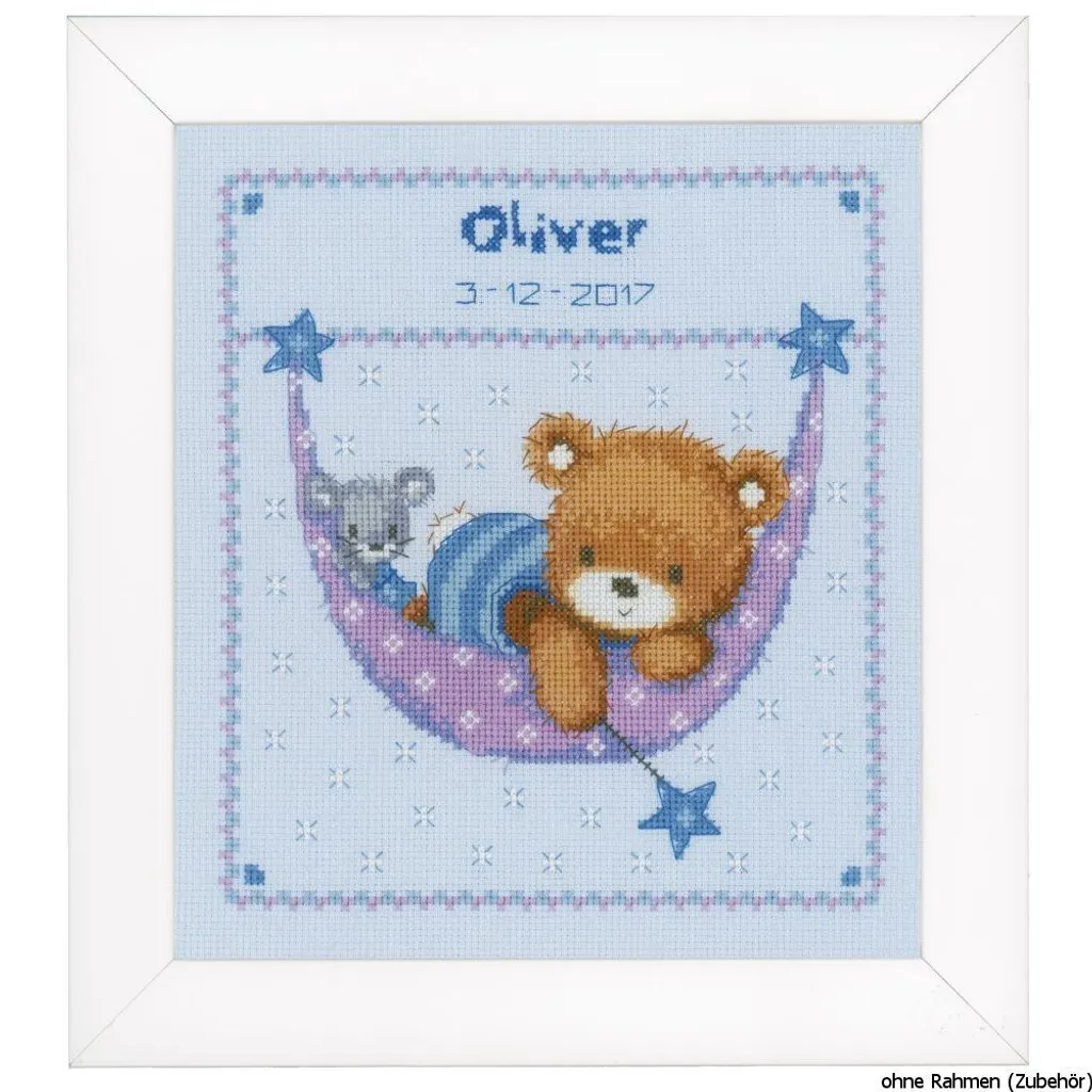 Cadeau de naissance DIY : Kit broderie Ourson dans un hamac pour bébé garçon