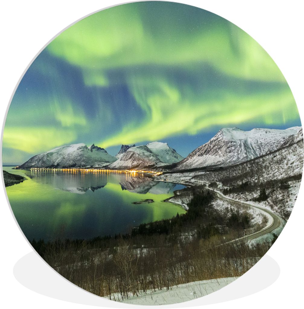 MuchoWow Rundes Wandbild - Runde Bilder Nordlichter - Fjord - Norwegen Ø 90 cm Kreis Wanddekoration Kunststoff - Wandkreis - Wandschmuck - Wand-...