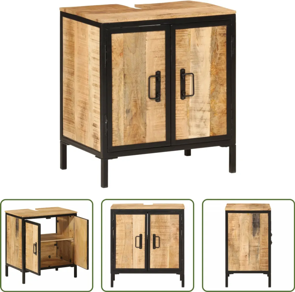 Meuble sous-lavabo robuste en bois massif et métal au style rustique