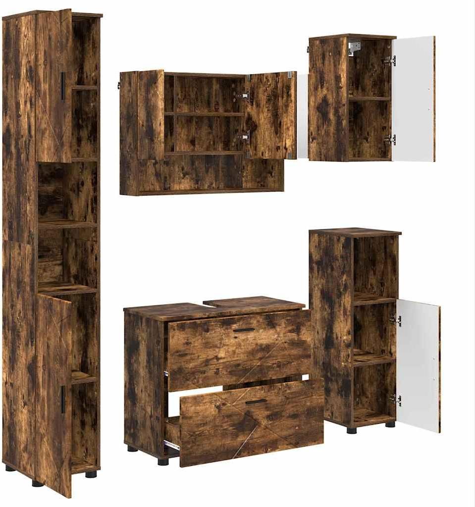 "2026 MODERNE"Badezimmermöbel-Set - Badkommode - Badezimmerschrank - mit Schubladen 5er Set,multifunktional& Moderne - Geräucherte Eiche - Vitrin...