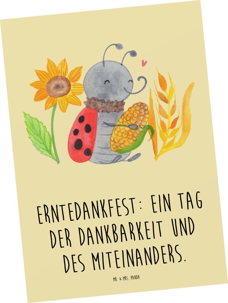 Mr. & Mrs. Panda Ansichtskarte Erntedankfest Dank - Gelb Pastell - Geschenk, Postkarte, Freude, Postkarten, Grußkarte, Gemeinschaft, Familienfeste...
