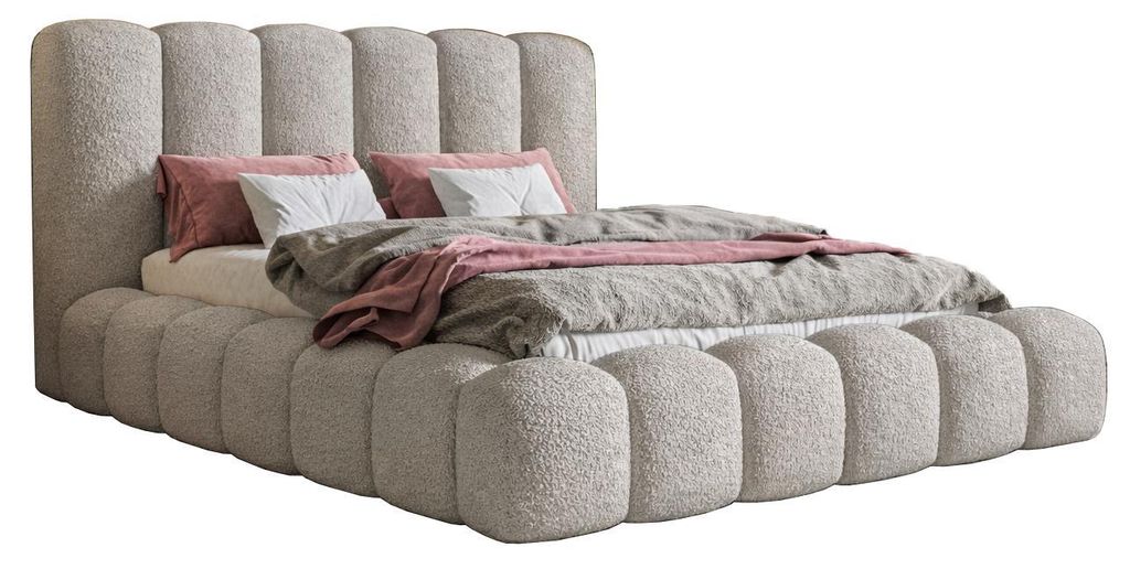 Doppelbett 140x200 cm Madeno - Schlafzimmerbett 140x200 - Bettkasten, Metall-Lattenrost, Dicker Schaum - Bouclé Hellgrau