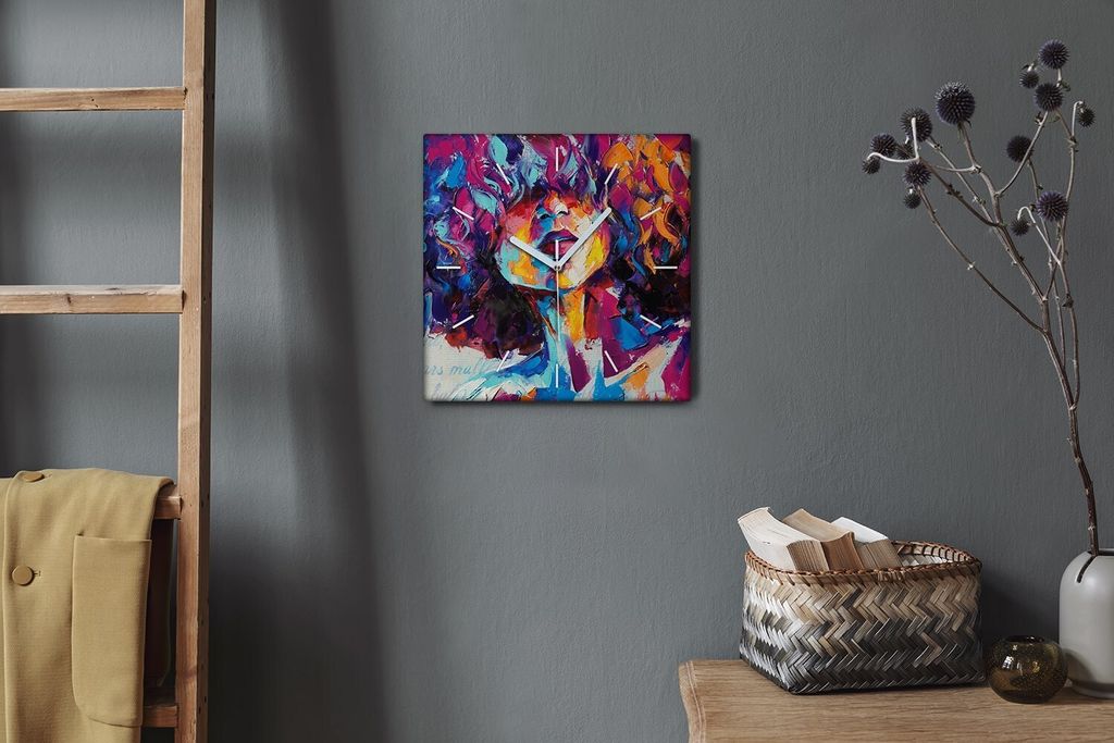 Coloray Hodiny Unikátní 30x30 cm Tiché hodiny Pro obývací pokoj a kuchyň Nástěnné hodiny Plátno Bílé ručičky hodin - Portrét ženy