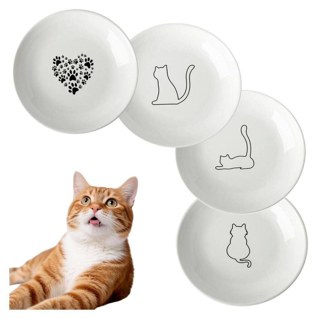 Flacher Katzennapf, 4 Stück Keramische Katzenteller, Futternapf für Katzen, Flache Futterschalen, Katzenschüsseln für Kätzchen und Welpen