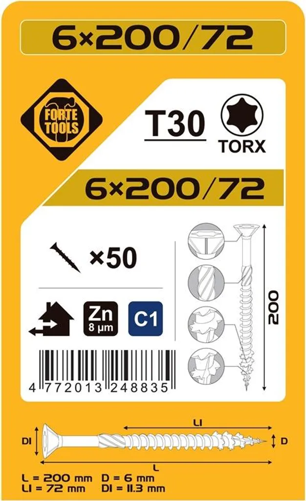 Vis aggloméré Spanplatte Scr T30 6,0x200/72 mm en zinc blanc, boîte de 50