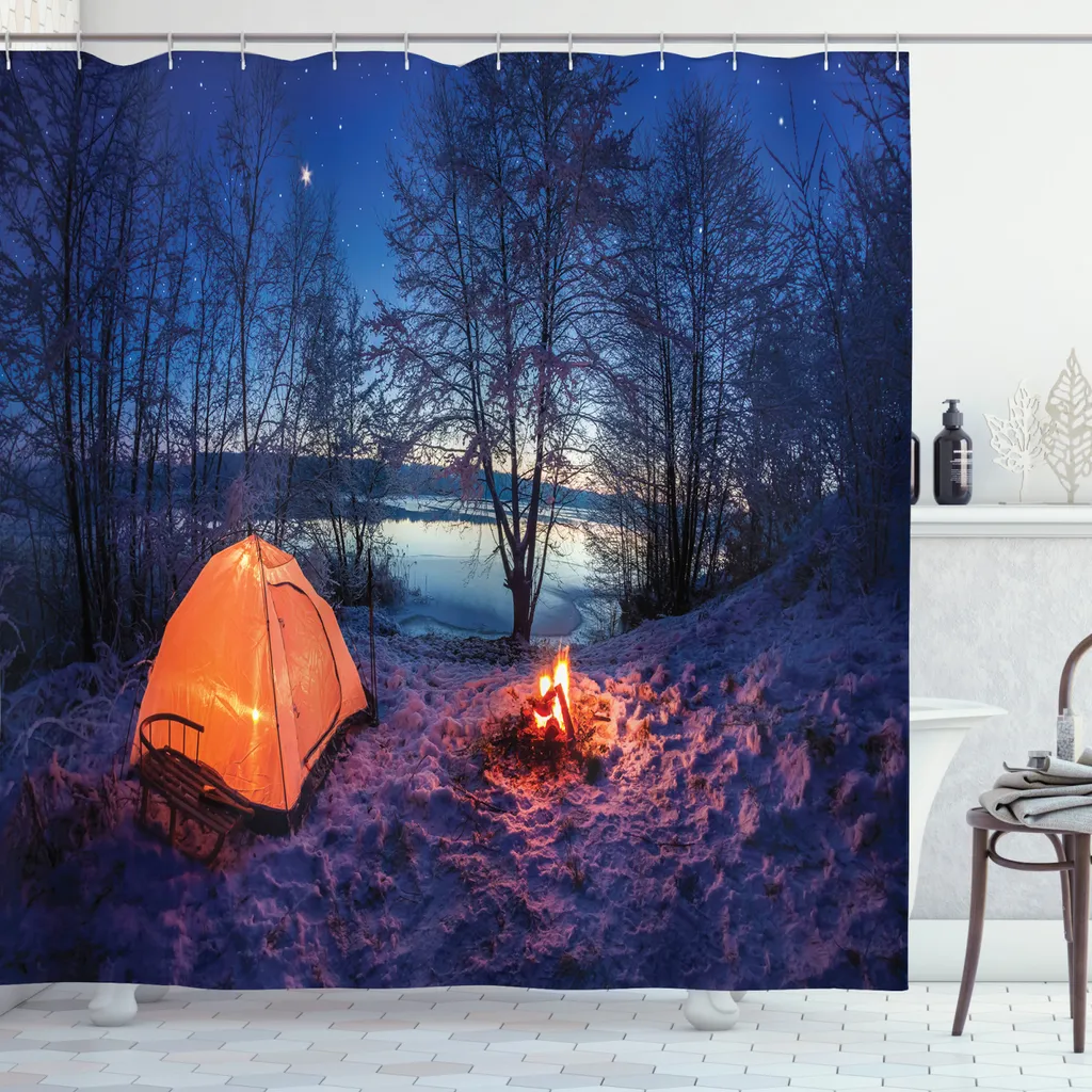 ABAKUHAUS Tenda da doccia Wald, avventura notturna, resistente a sapone, batteri, muffa e acqua, incl. 12 ganci e colori resistenti, 175 x 180 cm, blu arancione