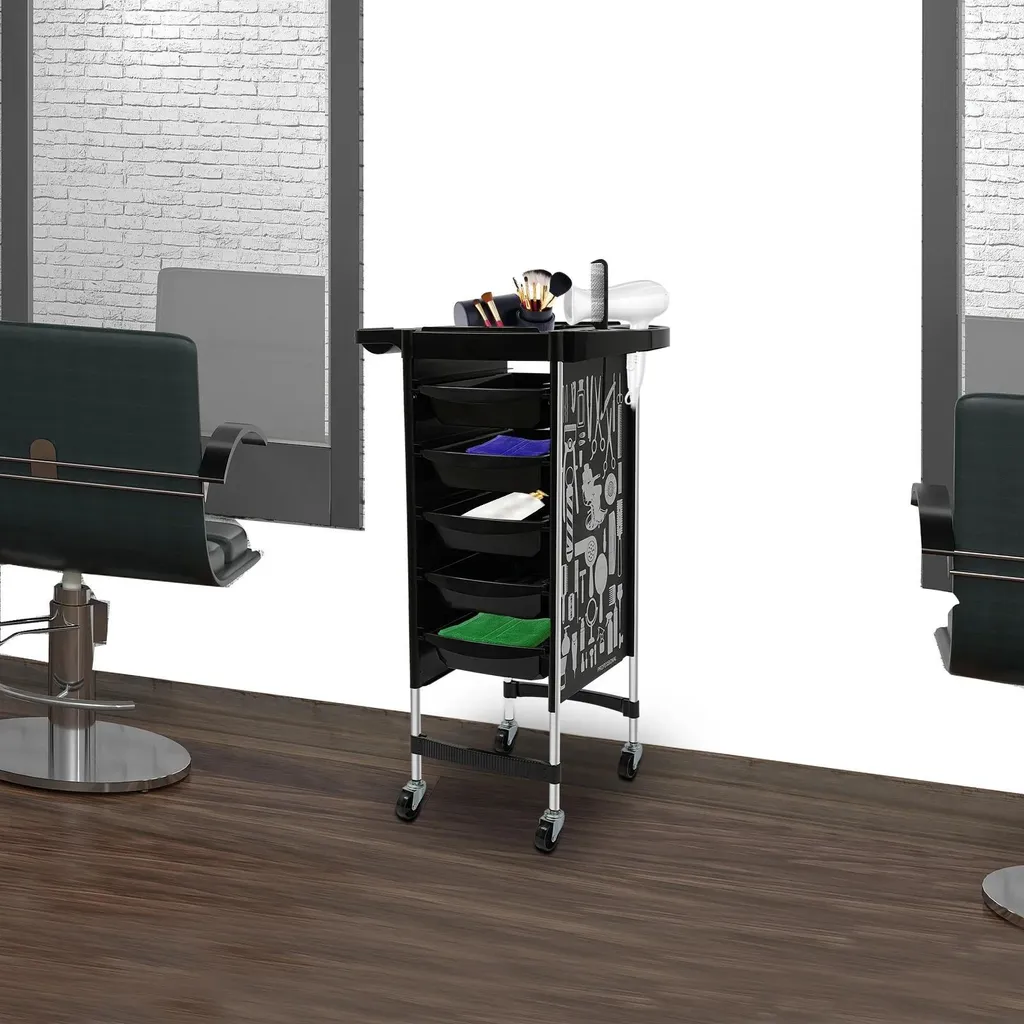 Chariot de coiffeur noir à 5 tiroirs avec structure métallique robuste
