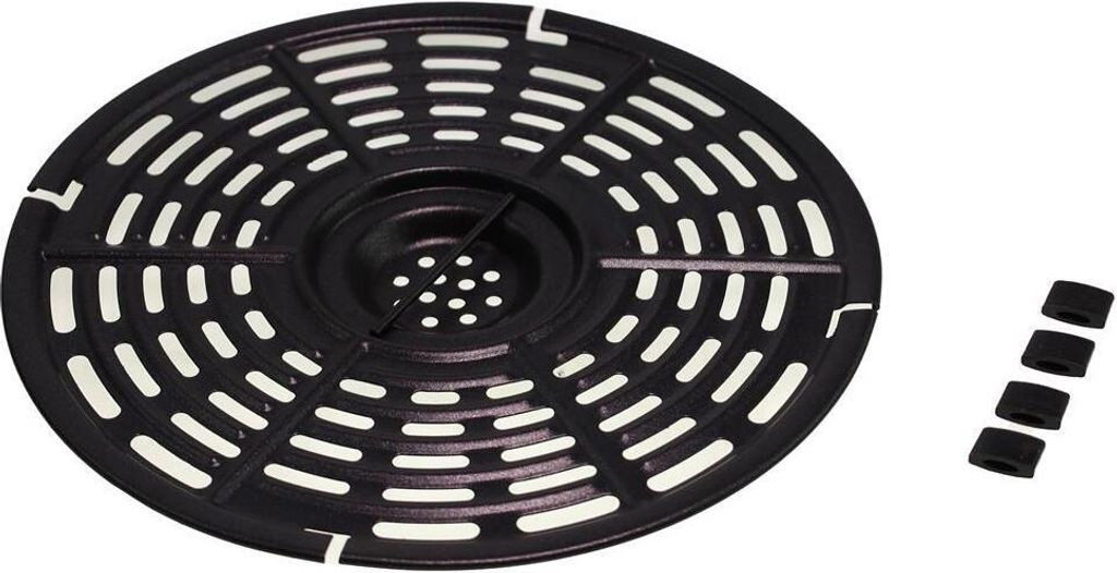 A black air fryer grate and four black spacers on a white background.
