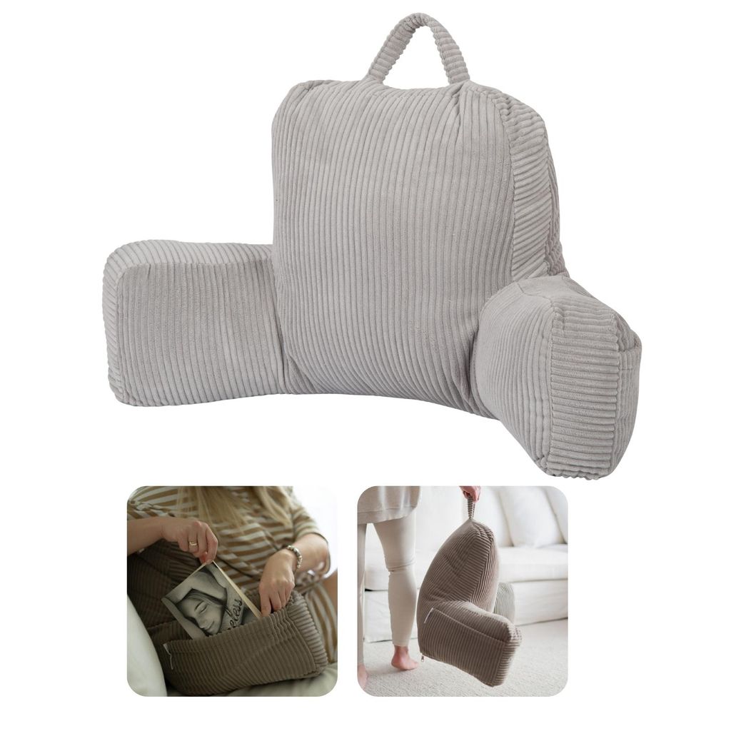 A collage of images showing a gray corduroy backrest pillow with armrests, including a close-up of someone using it to hold a book and another image of someone holding it.