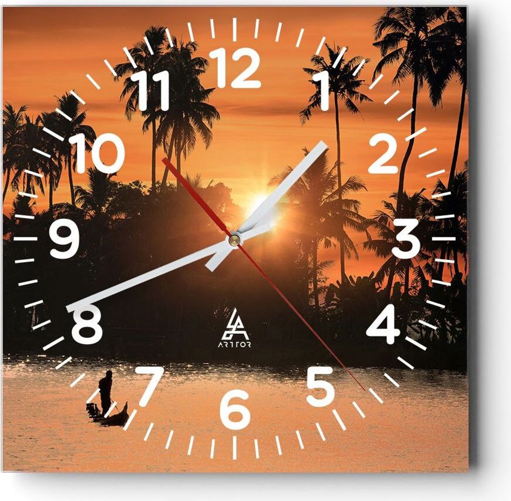 Wanduhr - Quadrat - Glasuhr - Palme Fluss Sommer - 30x30cm - Schleichendes Uhrwerk - Lautlos - zum Aufhängen bereit - Dekoration Modern - Wanddeko...