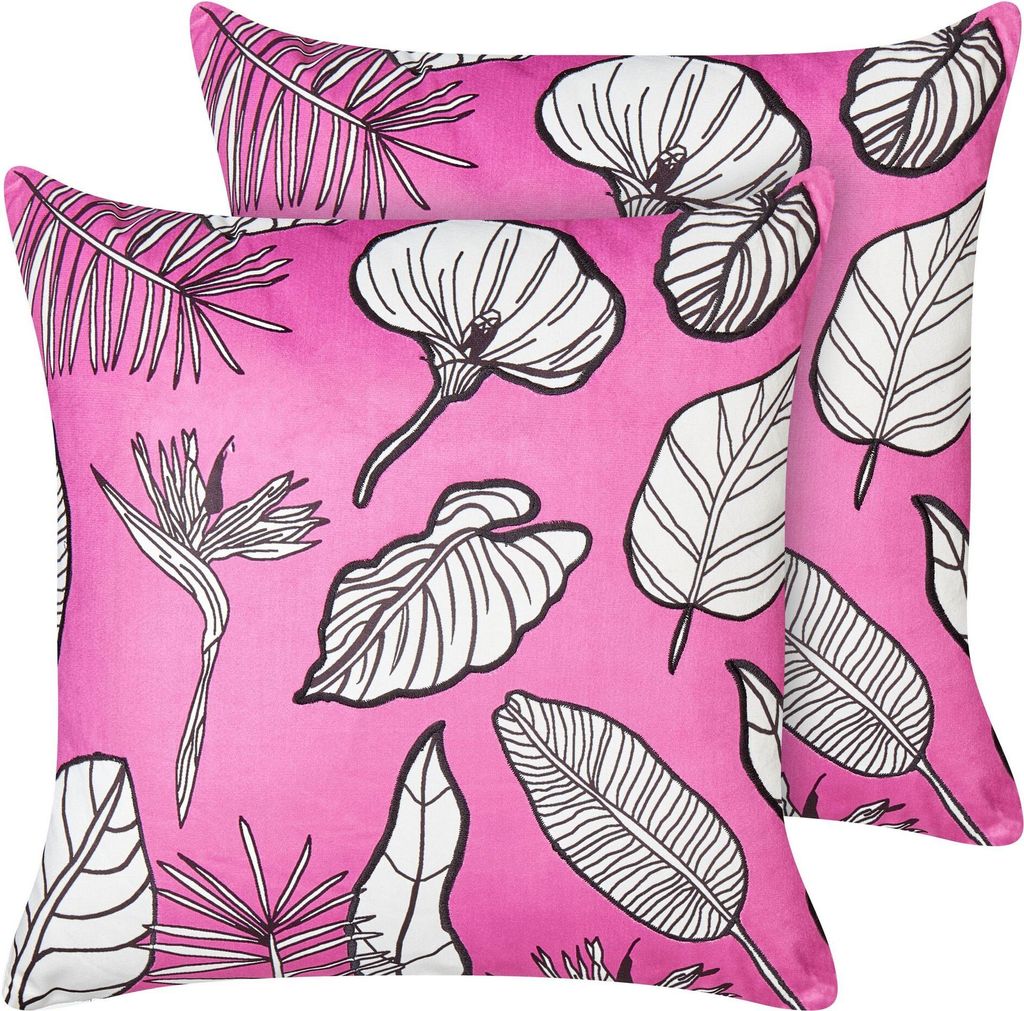 BELIANI Dekokissen 2er Set Pink aus Samtstoff Blattmuster 45 x 45 cm Quadratisch Wohnaccessoires Dekoration für Sofa Bett Wohnzimmer