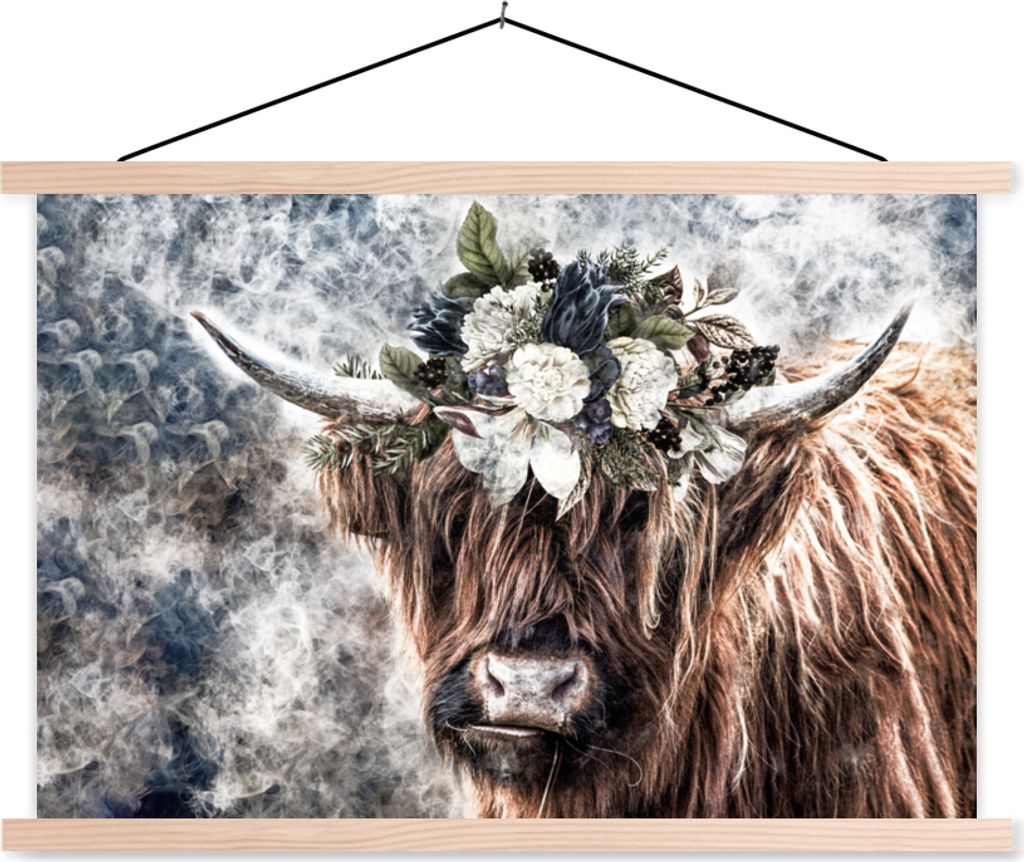 MuchoWow Textilposter Schottische Hochlandrind - Blumen - Nebel 120x80 cm mit holzfarbenen Rahmen - Aufhängeset