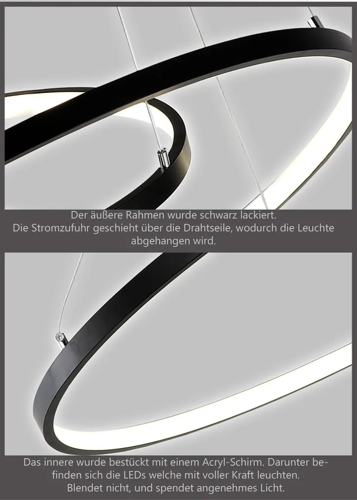 Lampada Sospensione LED 3 Anelli 108W Nera Dimmerabile 80cm Telecomando - 5