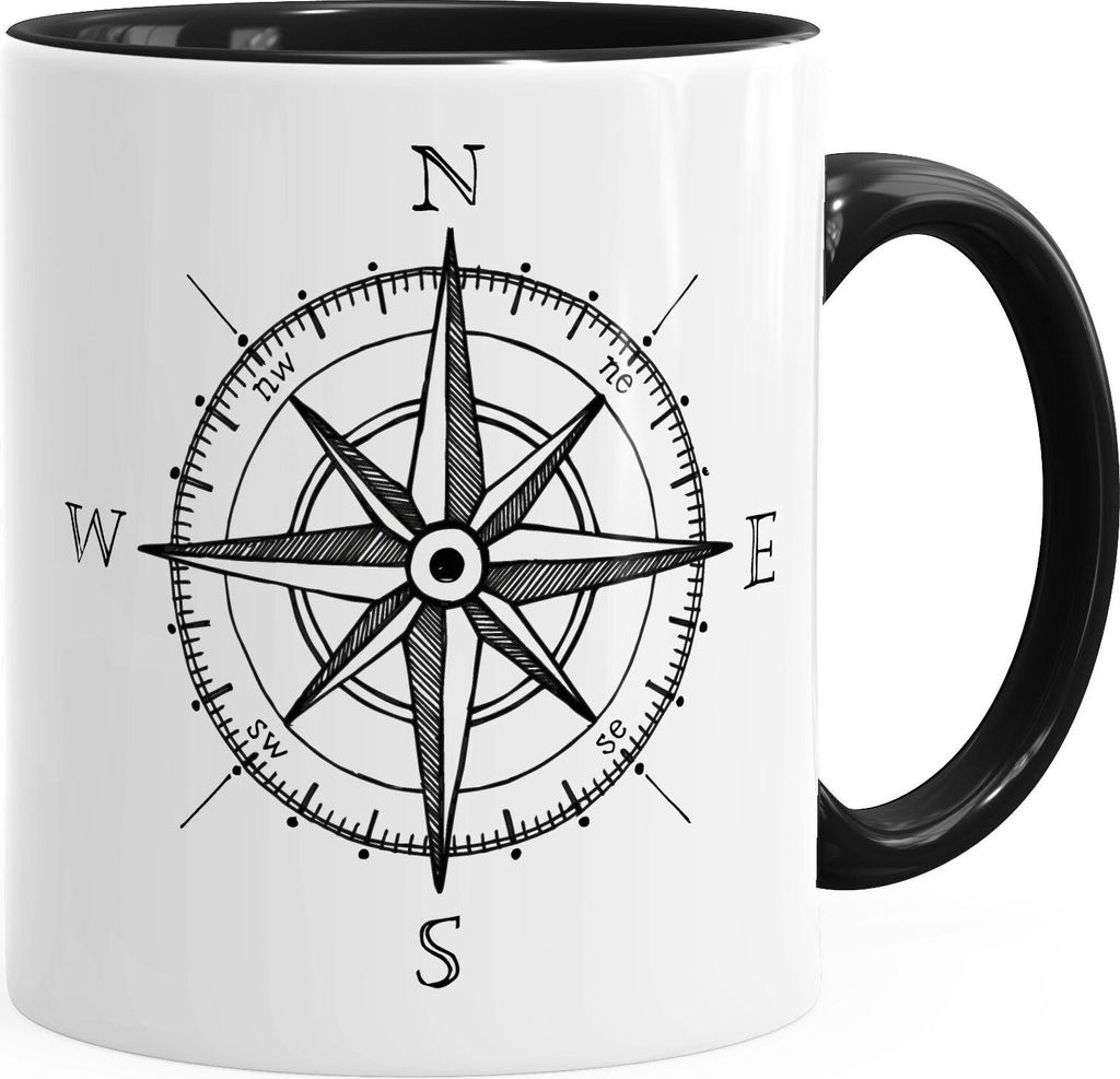 Tasse Kaffeetasse Kompass Windrose Abenteurer Campingbecher Teetasse Keramiktasse MoonWorks schwarz unisize
