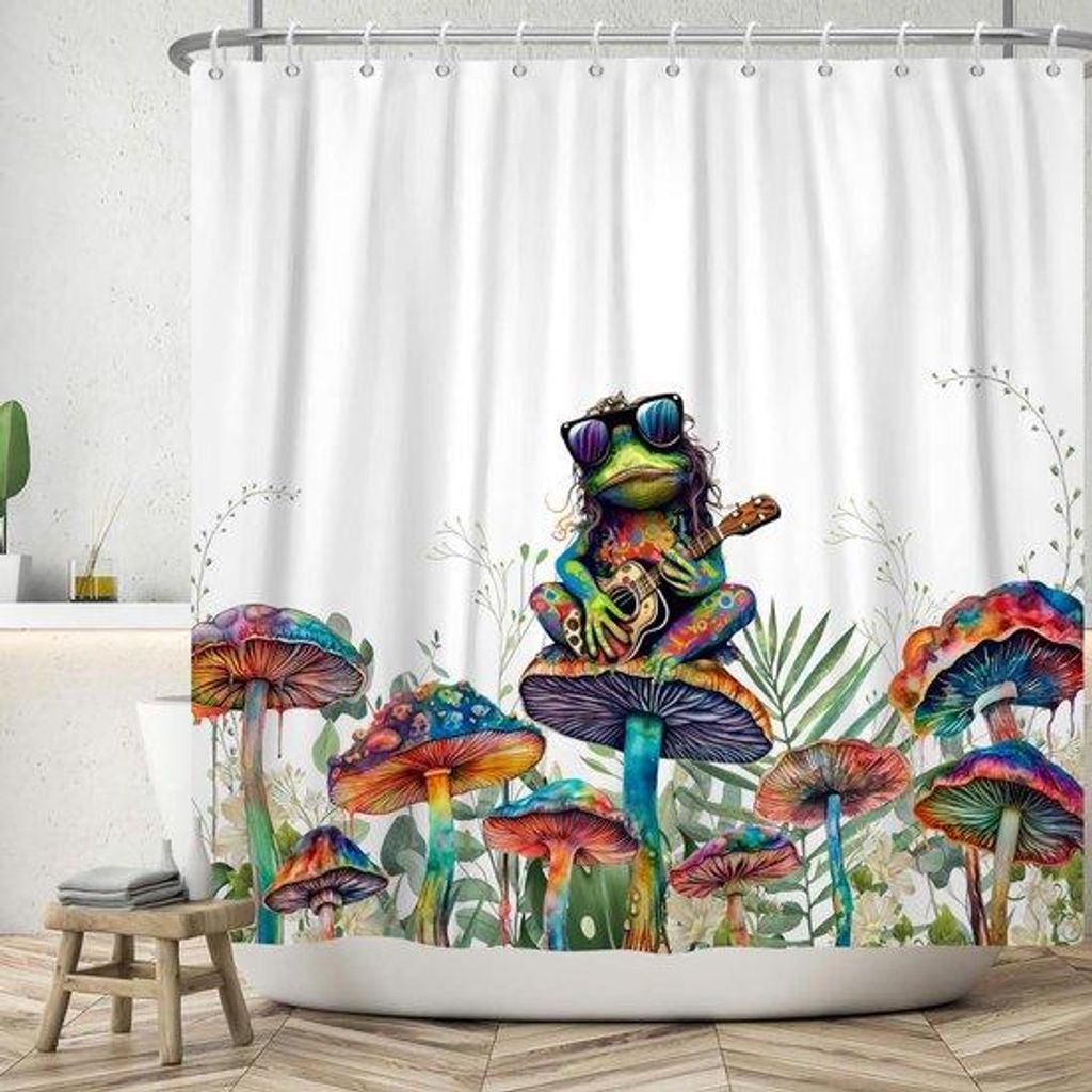 Unyqoos einzigartiger Duschvorhang mit bunten Frosch- und Blumenmotiven, 180 x 200 cm, wasserbeständig