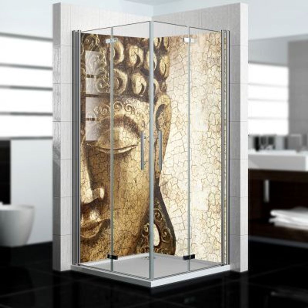 dedeco Eck-Duschrückwände Aluminium wasserfest Motiv: Buddha V1, Nano-Protect hochglänzend, 2 x 100x210x0,3cm, Fliesenersatz fugenlos Wandverkle...